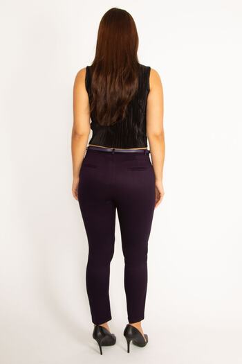 Şans Women's Large Size Plum Back Trim Flota and Side Pocket Belt Accessory Fabric Trousers 65n24040