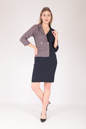 MODAPO Women's Pink White Houndstooth Double Breasted Buttoned Jacket Office Dress