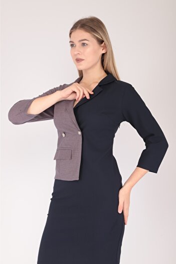 MODAPO Women's Pink White Houndstooth Double Breasted Buttoned Jacket Office Dress