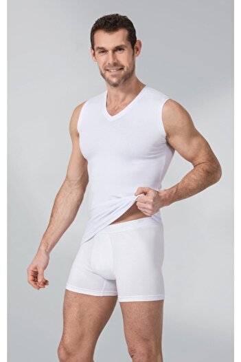 Namaldı 188 Lycra Sleeveless Men's Undershirt V-Neck White 2-Piece