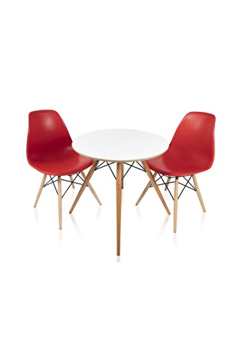 Dorcia Home Yuvarlak Ahşap Ayaklı Ahşap Masa Ve 2 Adet Kırmızı Eames Sandalye Seti Mutfak-balkon-bahçe Takımı