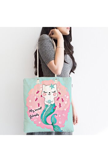 Realhomes My Sweet Friends Mermaid Cat Ειδικά Σχεδιασμένη Υφασμάτινη Τσάντα με φερμουάρ