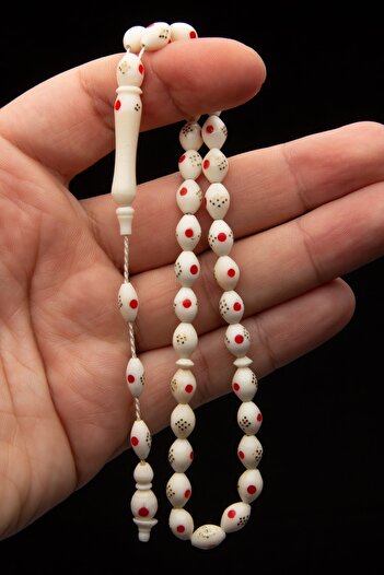 OTTOTESBİH Red Enamel Embroidered Tasseled Barley Cut Camel Bone Rosary - 6x9mm
