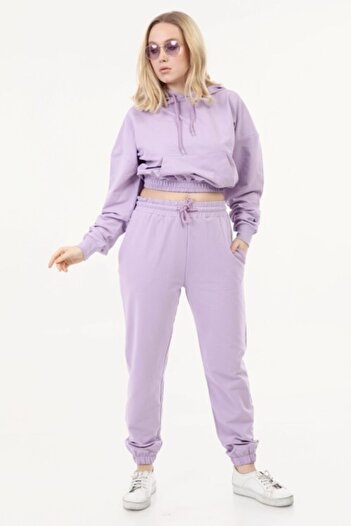 İkmal Kadın Lila Crop  Model Kapüşonlu Takım