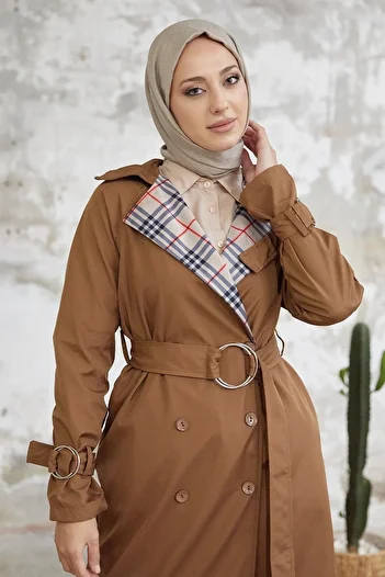 InStyle Eleta Double Breasted Collar Plaid Trench Coat - Tan