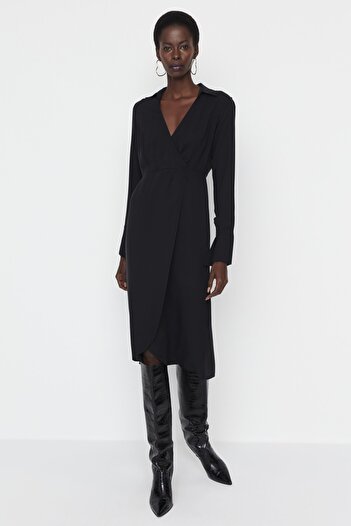 Trendyol Collection Λεπτομερές υφαντό φόρεμα μαύρο γιακά TWOAW23EL01114