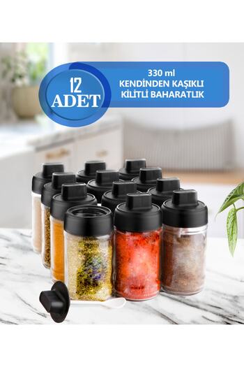 Serin Bardak 12 Pieces of Lids with Lockable Twist Label, Spice Bowl with Self Spoon and Mat Cover