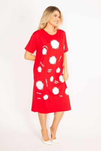 Şans Women's Plus Size Red Front Printed Viscose Dress 65n33248