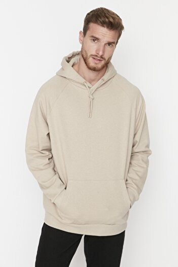 Trendyol Collection Béžová oversize fleecová mikina s kapucí – TMNAW23sw00192