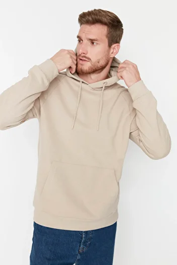 Trendyol Collection Μπεζ φούτερ Fleece με κουκούλα - κανονική εφαρμογή TMNAW23SW00194