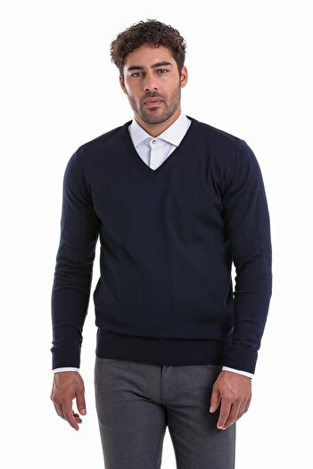Hatemoğlu Navy Blue Comfort Fit Plain V-Neck Woolen Sweater