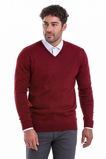 Hatemoğlu Claret Red Comfort Fit Plain V-Neck Woolen Sweater