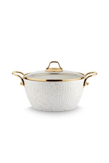 Lines Maya Granite Patterned Deep Pot Gold Handle - White - 30 Cm