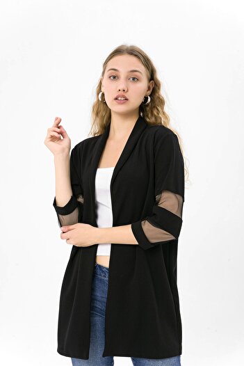 EtkiModa Women's Black Half Sleeve Jacket with Tulle Sleeves