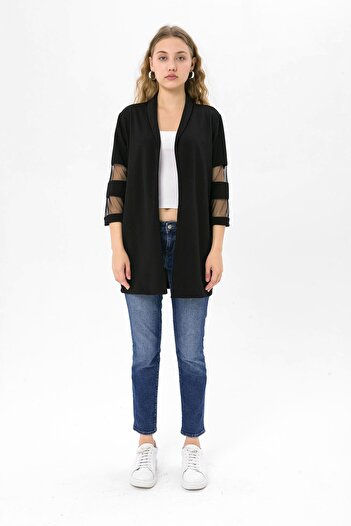 EtkiModa Women's Black Half Sleeve Jacket with Tulle Sleeves