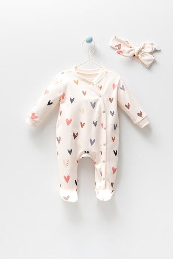 Banamio Daphne Newborn Heart Print Patterned Antiallergic Cotton Headband Booties Jumpsuit Set