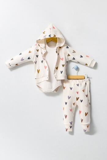 Banamio Shiny Newborn Heart Print Patterned Antiallergic Cotton Hooded 3-Piece Set