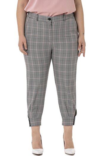 DISENTIS MODEST Large Size Black Pink Checkered Trousers with Leg Detail and Elastic Waist Back