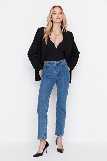 Ramrod Mavi Likralı Yüksek Bel Slim Mom Jeans