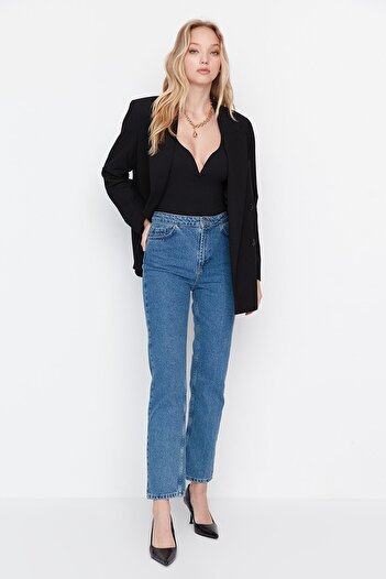 Ramrod Mavi Likralı Yüksek Bel Slim Mom Jeans