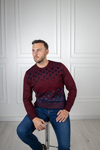 Sarar Interview O Neck Patterned Claret Red Knitwear Sweater