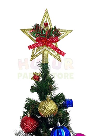 Huzur Party Store Χρυσό Χριστουγεννιάτικο στολίδι για δέντρο με αστέρι, κόκκινη κορδέλα και λεπτομέρεια με φούντα