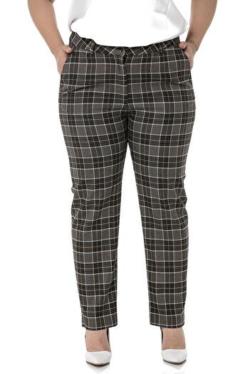 DISENTIS MODEST Large Size Black Mustard Plaid Trousers with Narrow Leg Pockets