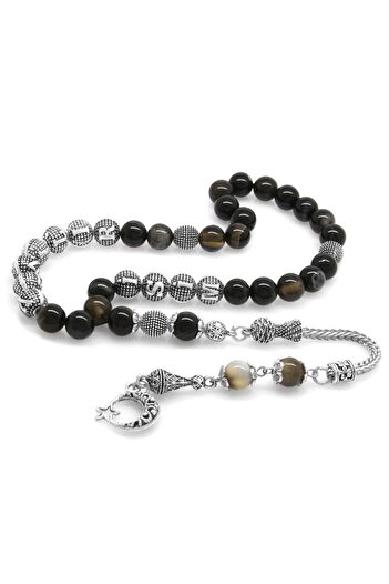 Tesbihane Non-Tarnish Metal Tasseled Globe Cut Name Written Solomon Agate Natural Stone Rosary