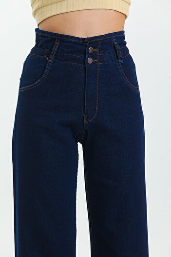 SHEVEGA Lacivert Beli Lastikli Likralı Yüksek Bel Wide Leg Jeans Bol Paça Kot Pantolon
