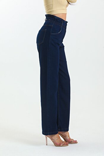 SHEVEGA Lacivert Beli Lastikli Likralı Yüksek Bel Wide Leg Jeans Bol Paça Kot Pantolon
