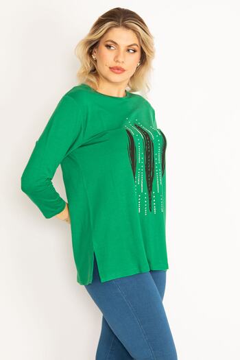 Şans Women's Large Size Green Stone and Print Detailed Blouse 65n34713