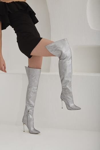 AYAKKABI PRENSİ Paint Above Knee Silver 10 cm Women's Boots, Heeled Boots