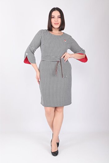 MODAPO Women's Black and White Houndstooth Belted Plus Size Dress