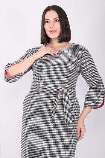 MODAPO Women's Black and White Houndstooth Belted Plus Size Dress