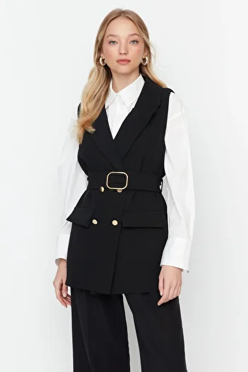 Trendyol Modest Black Waist Belted Jacket Collar Woven Vest TCTAW23YL00014