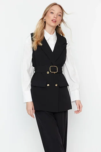 Trendyol Modest Black Waist Belted Jacket Collar Woven Vest TCTAW23YL00014