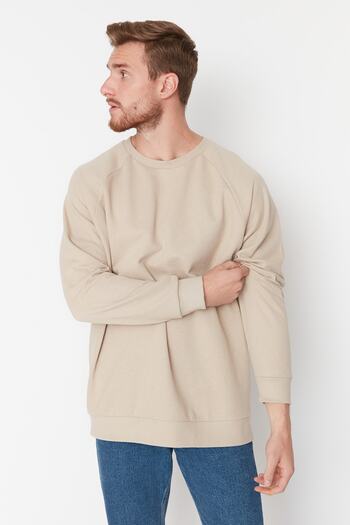 Trendyol Collection Beigefarbenes Oversize-Sweatshirt mit weitem Schnitt und Fleece-Innenfutter/warmhaltendem Raglanärmel-Sweatshirt TMNAW23SW00190
