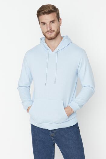 Trendyol Collection Blaues, langärmliges Kapuzenpullover mit regulärem Schnitt TMNAW20SW0162