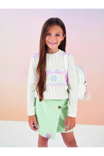 LC Waikiki Gemusterter, langärmliger Strickpullover für Mädchen mit Rundhalsausschnitt