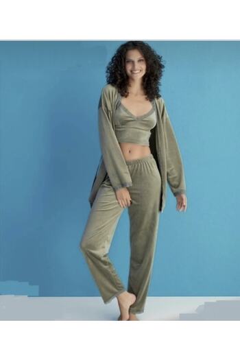 Mihra Khaki 3-Piece Velvet Set
