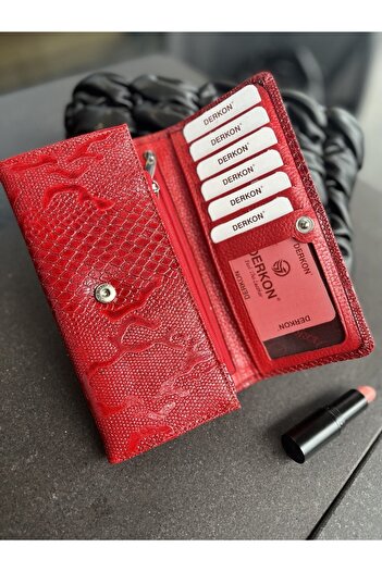DERKON Crocodile Patterned Genuine Leather Red Women's Wallet with Plenty of Eyelets