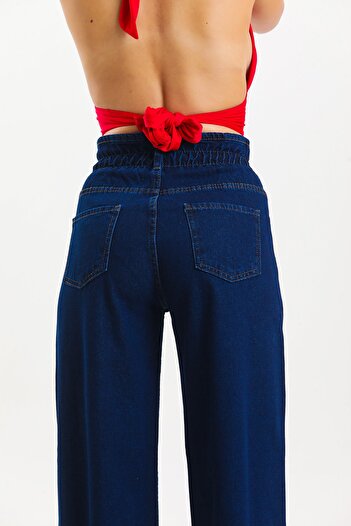SHEVEGA Lacivert Beli Lastikli Likralı Yüksek Bel Salaş Bol Paça Kot Pantolon Wide Leg Jean