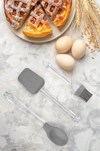 Pazarika 3 Piece Plastic Handled Silicone Spoon - Spatula - Brush Set Gray