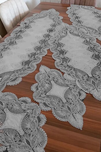 Çt Çeyizci Tekstil 5 Piece Lace Lounge Set - Gray Table Cloth Runner Set