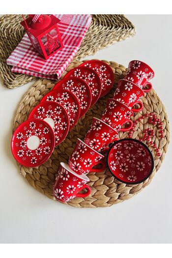 Den Tasarım Hediyelik Red Daisy Flower Coffee Cup Set and Bowl Mother's Day Special