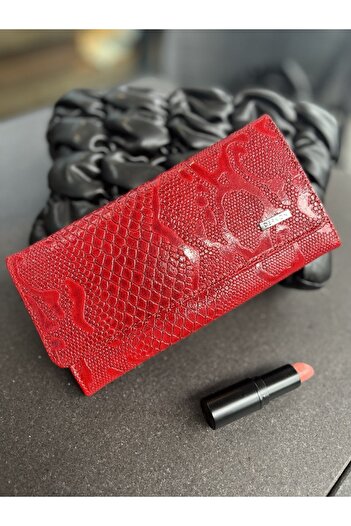 DERKON Crocodile Patterned Genuine Leather Red Women's Wallet with Plenty of Eyelets