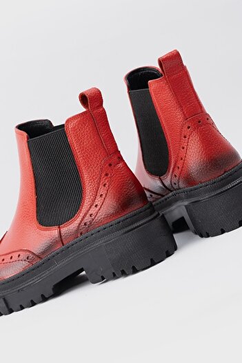 TUNAELLİ Kadın Kırmızı Hakiki Deri 35-41 Numara Chelsea Bot & Bootie
