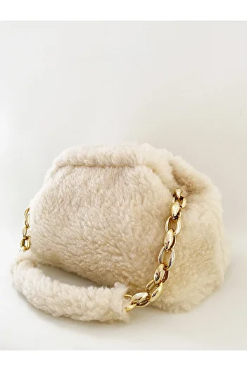 HEYBE'S Women's Cream Plush Teddy Chain Strap Shoulder Bag