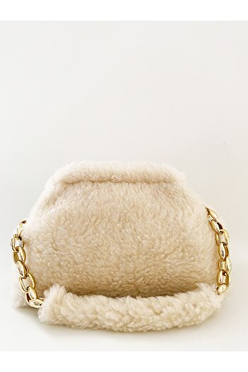 HEYBE'S Women's Cream Plush Teddy Chain Strap Shoulder Bag