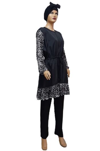 eflin Women's Clothing Black-white Leopard Ruffle Full Covered Hijab Swimsuit Including Bonnet